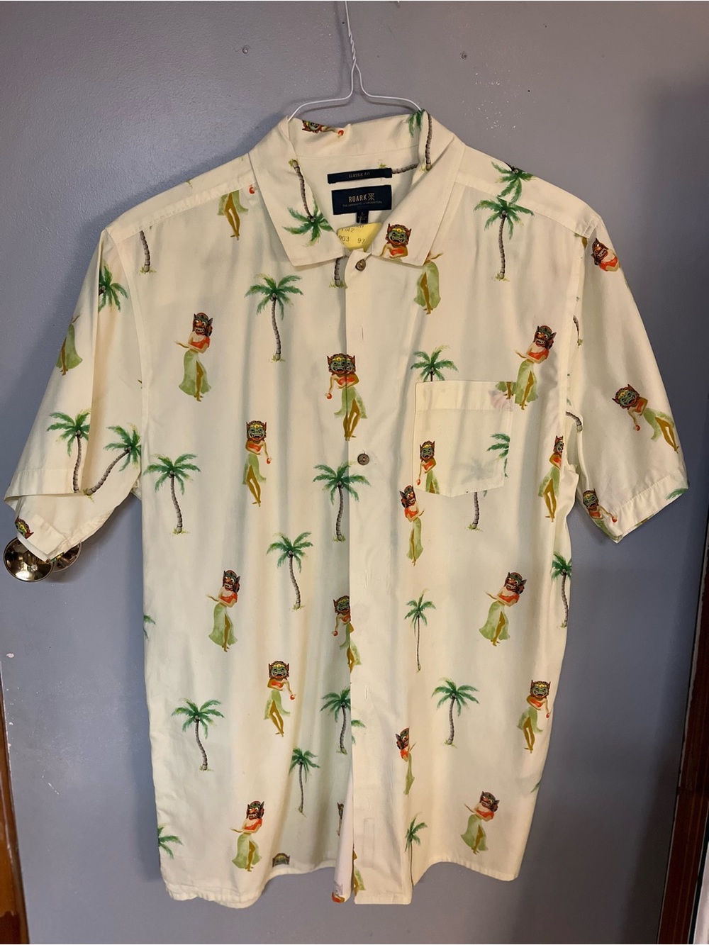 Roark Cream Hawaiian Button-Down with Green Palm & Yellow Hula Motif